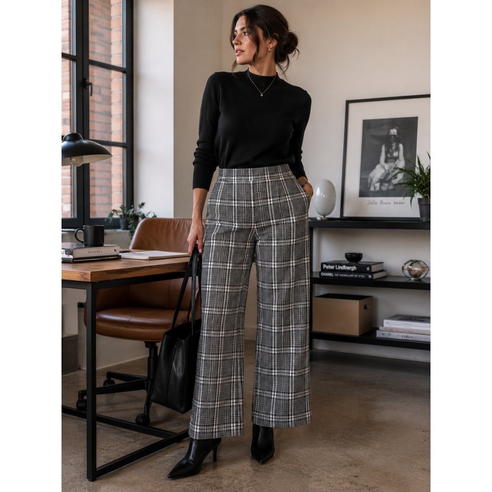Elie Tahari Womens Glen Plaid Wide Leg Pants Black White Tummy Control Large L